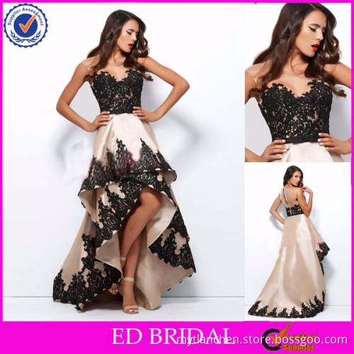 CM06 Attractive Black Lace Appliqued Champagne Short Front Long Back Prom Dress 2015